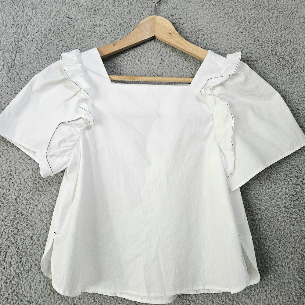 Zara Girls White Cotton Top 13-14 Large Short Sleeve Ruffled Summer Blouse